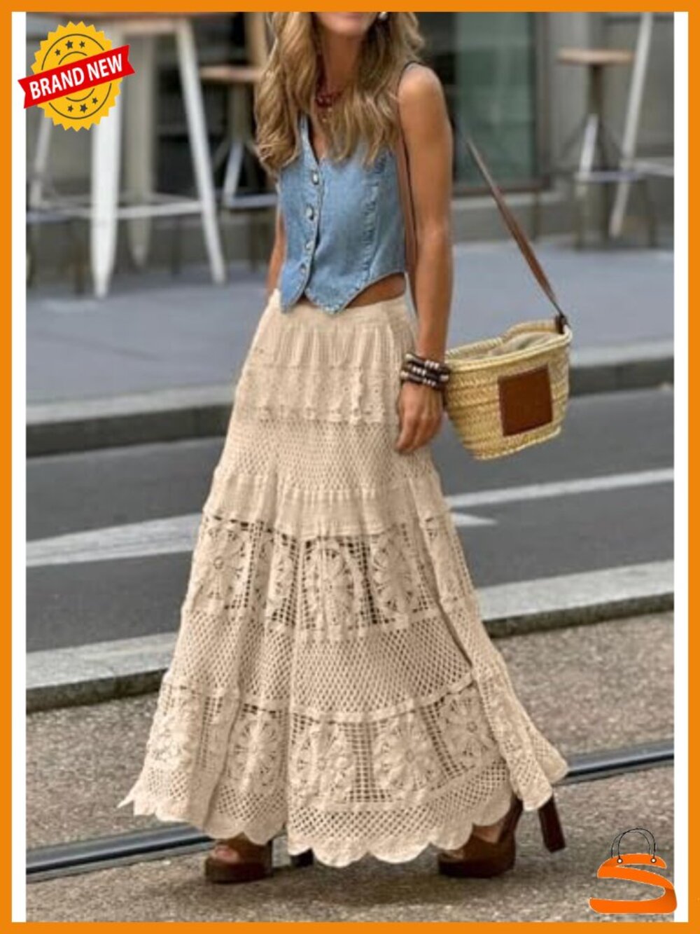 Women's Lace Crochet Knit Maxi Boho Skirt A-Line Eyelet Flowy Long Skirt - Picture 2 of 3